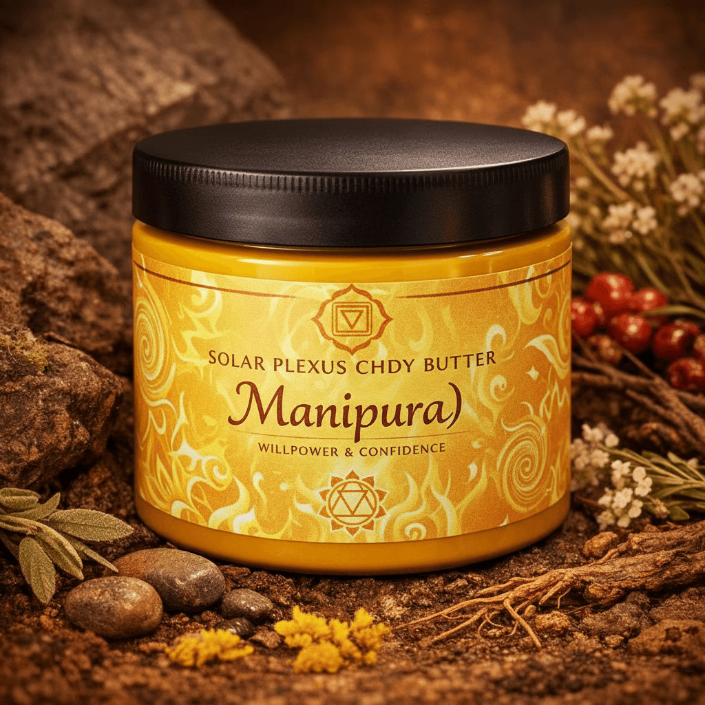 Yellow Manipura body butter jar surrounded by earthy rocks, roots, and small white flowers.