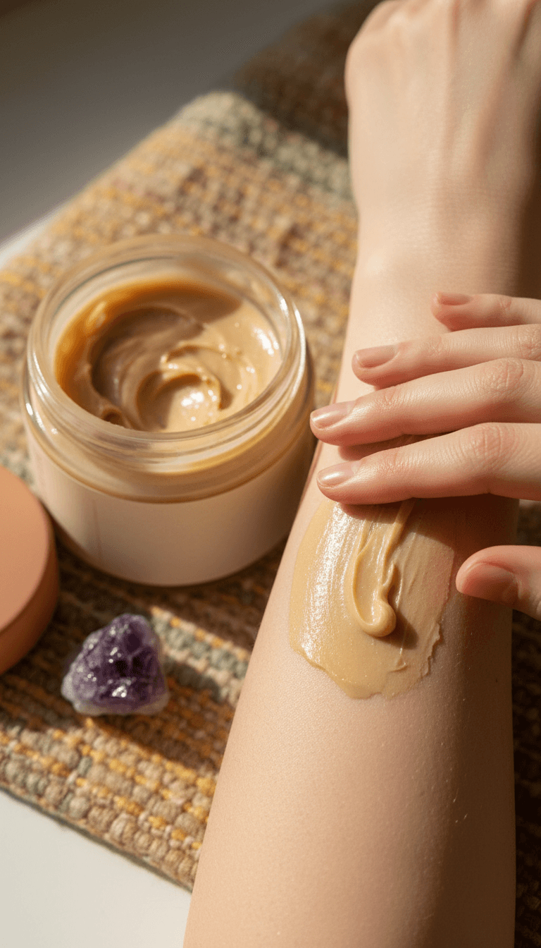 Hand applying chakra-infused body butter with intention and care
