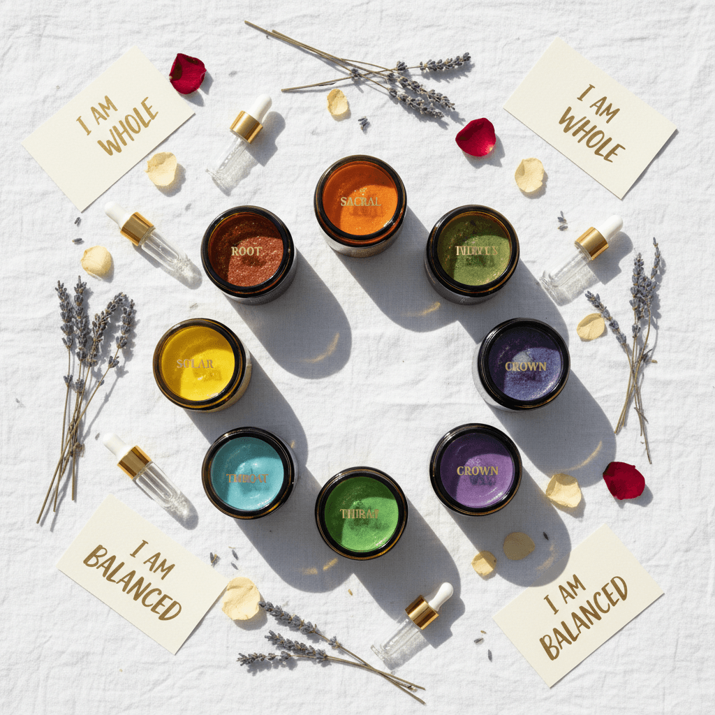 Complete set of seven chakra-balancing body butter formulations arranged in healing pattern