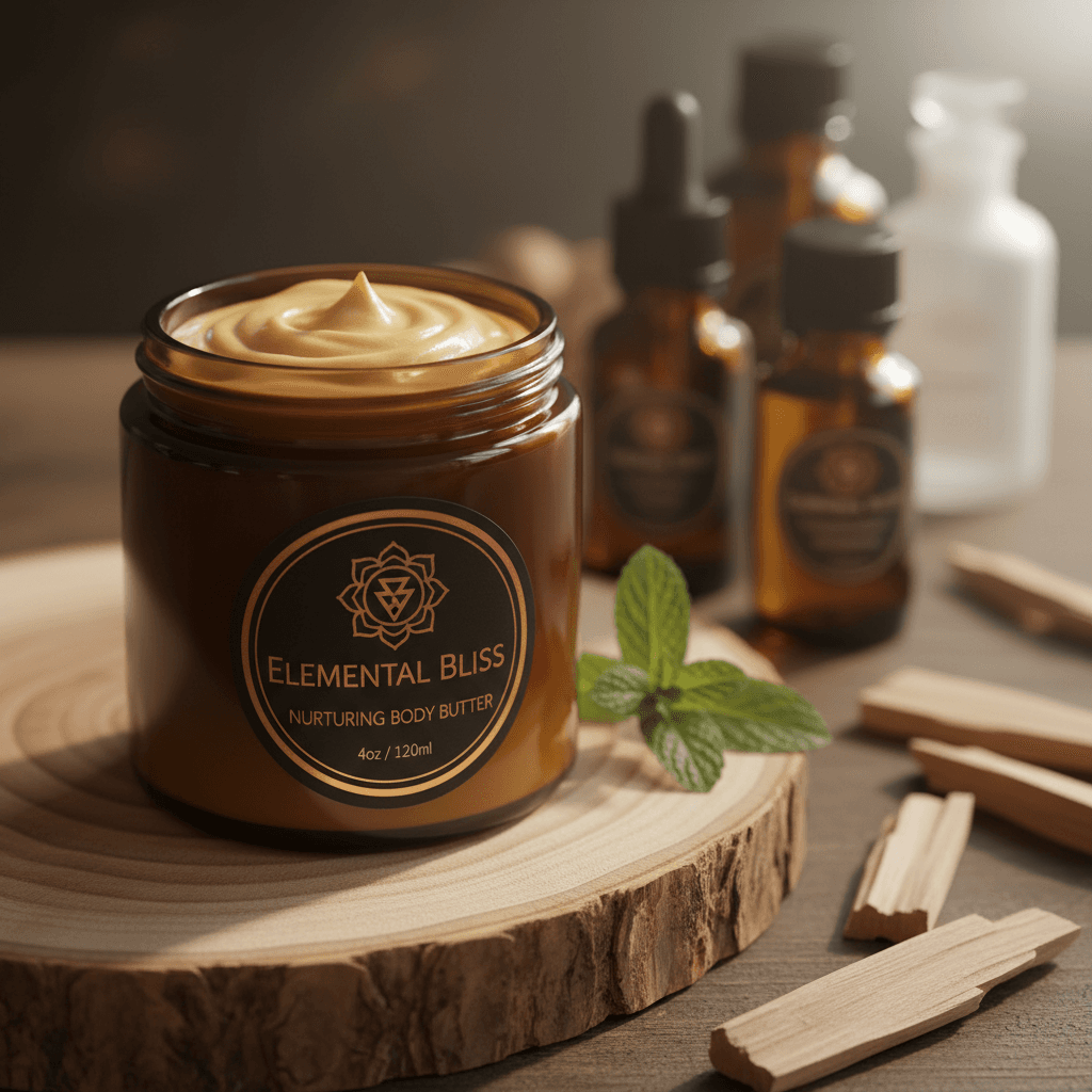 Root Chakra infused body butter in amber glass jar with grounding essential oils