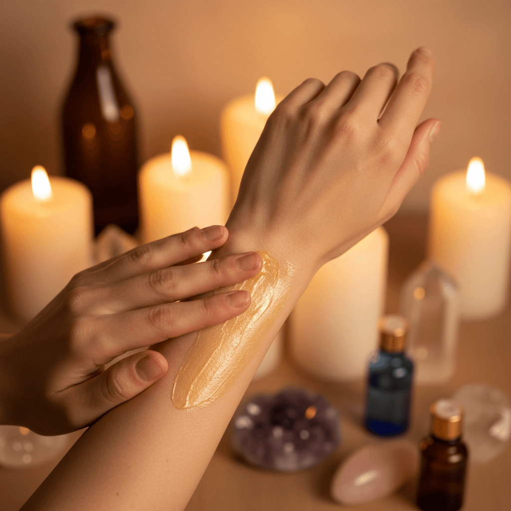 Person applying chakra-balancing body butter during evening self-care ritual