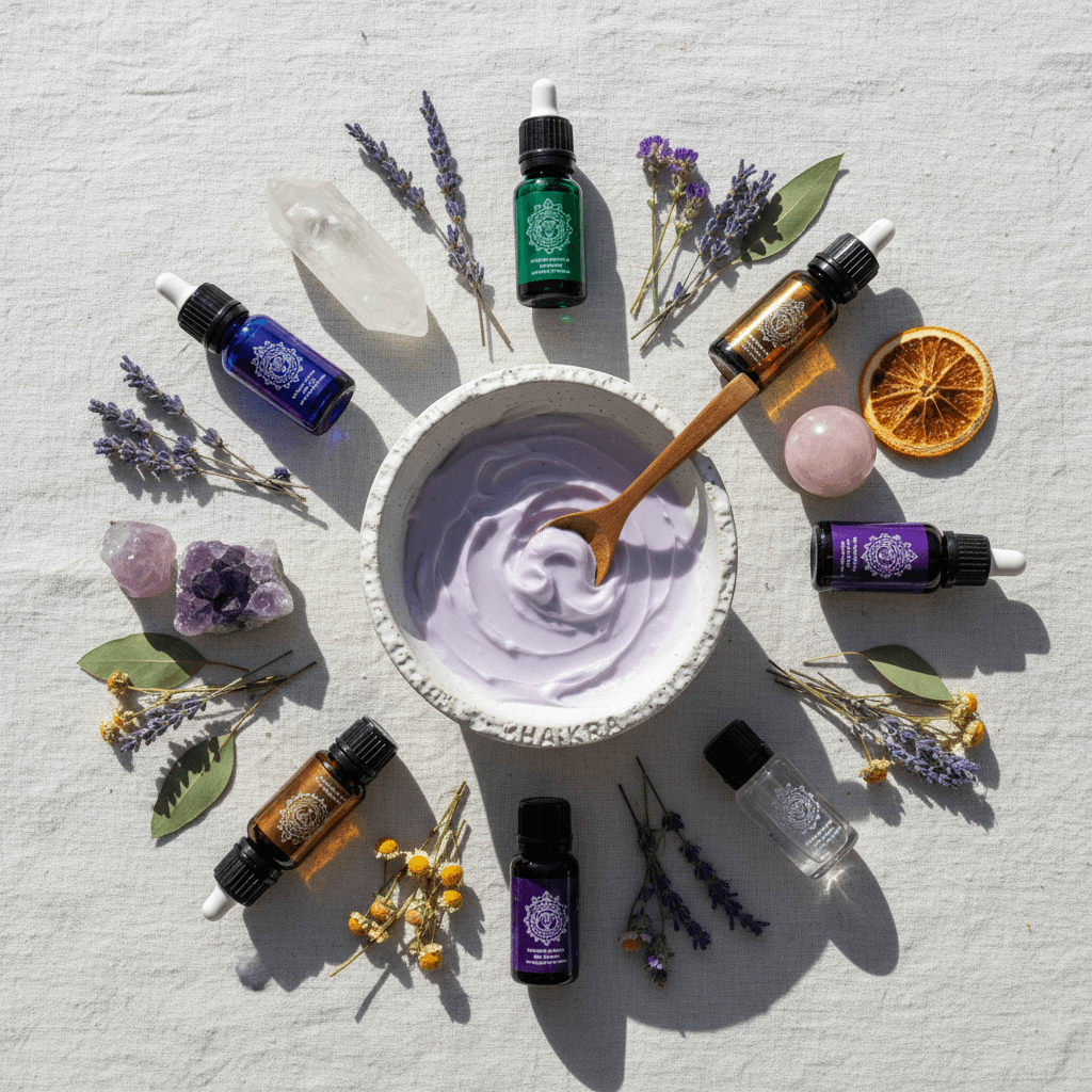Fresh bright lifestyle aesthetic overhead shot of a ceramic bowl containing chakra body butter