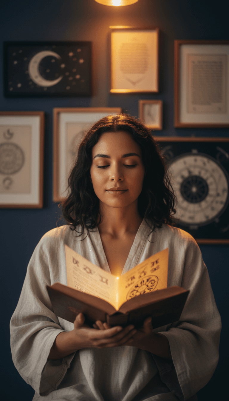 Serene woman holding astrological book, eyes closed in contemplation, surrounded by celestial artwork and candlelight