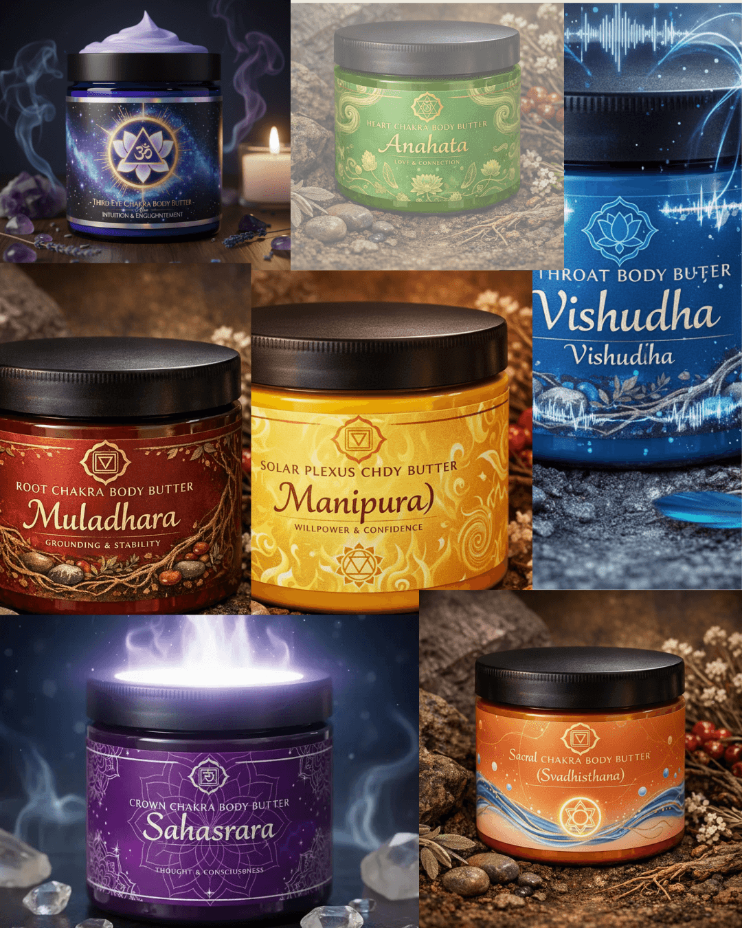 Seven colorful jars of chakra body butter, each labeled with a specific chakra and symbol.